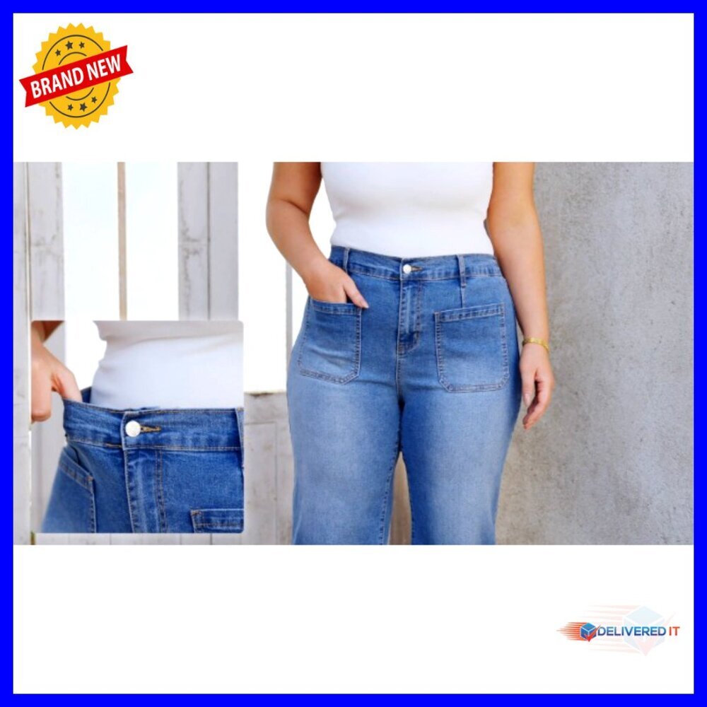 Plus Size High Waisted Wide Leg Stretchy Denim Jeans with Pockets - Picture 7 of 7